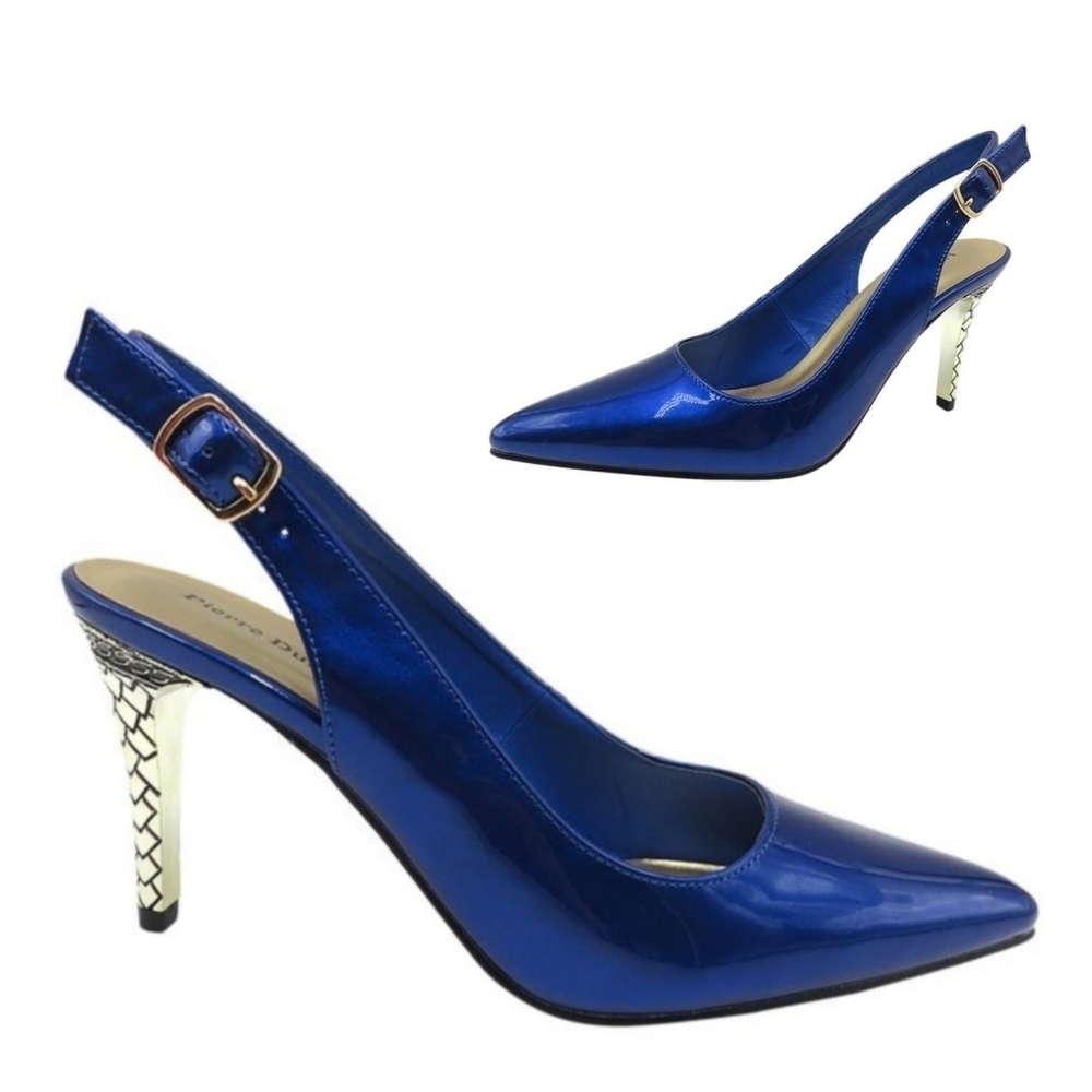 NEW BLUE PATENT LEATHER DIMAS POINTY TOE SLINGBACK STILETTO HEEL